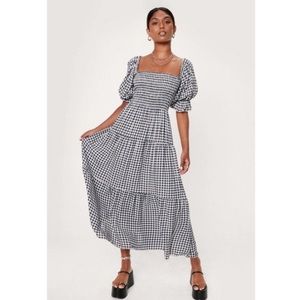 NASTYGAL Puff Sleeve Midi Length Gingham Dress
